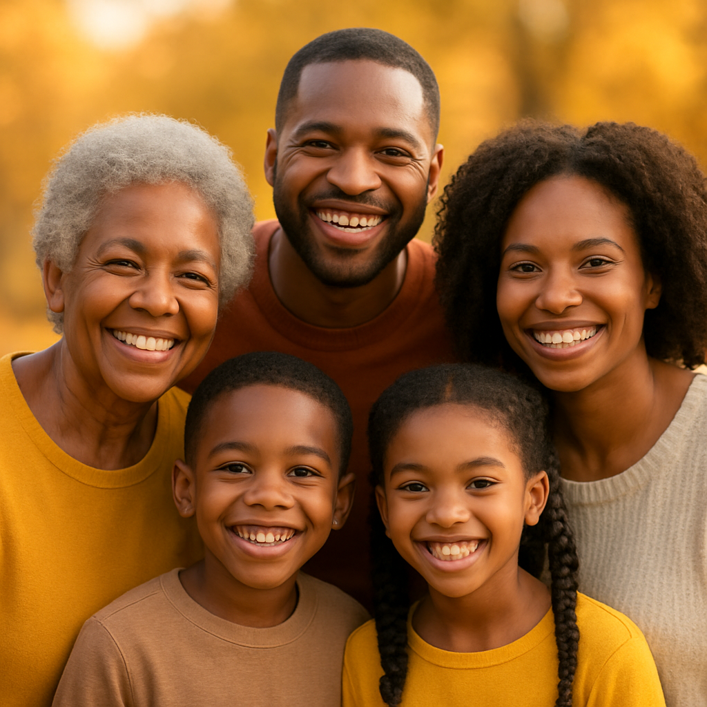 A joyful multi-generational family smiling together outdoors